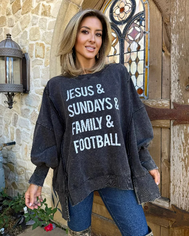 Exposed-Seam “Jesus & Sundays & Family & Football” Oversized Pullover