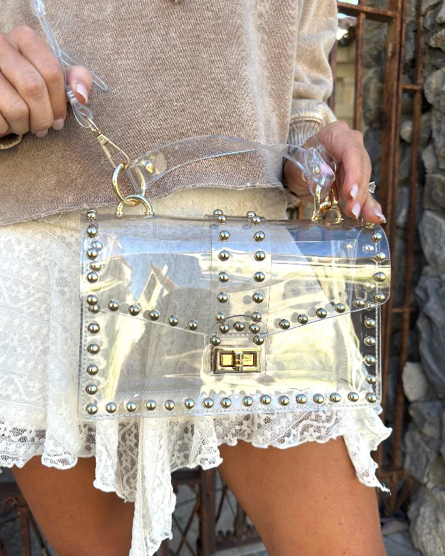 Gold/Clear Studded Clear Top Handle Crossbody Bag