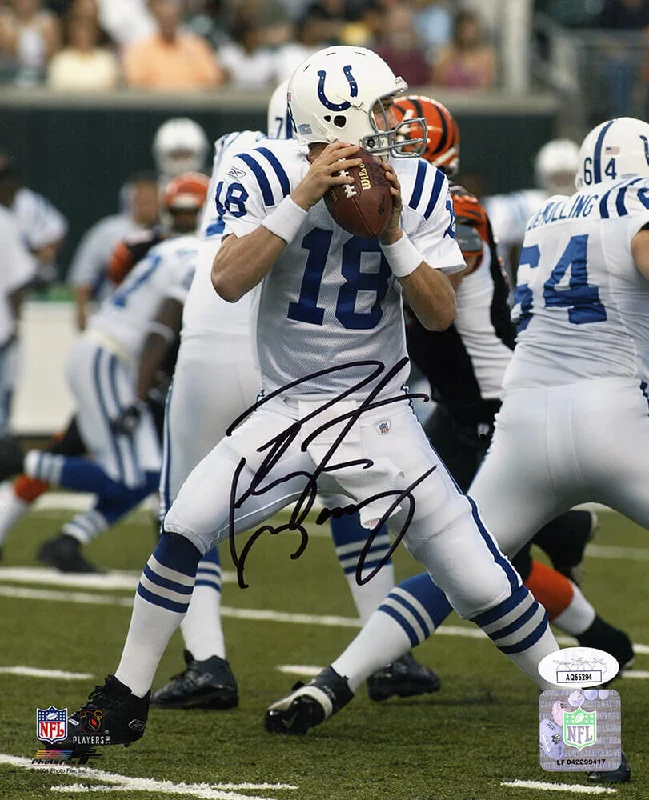 Peyton Manning Signed Indianapolis Colts White Jersey Drop Back vs Bengals 8x10 Photo - (JSA COA)