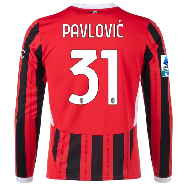 Puma AC Milan Strahinja Pavlović Home Long Sleeve Jersey w/ Serie A Patch 24/25 (Red/Black)